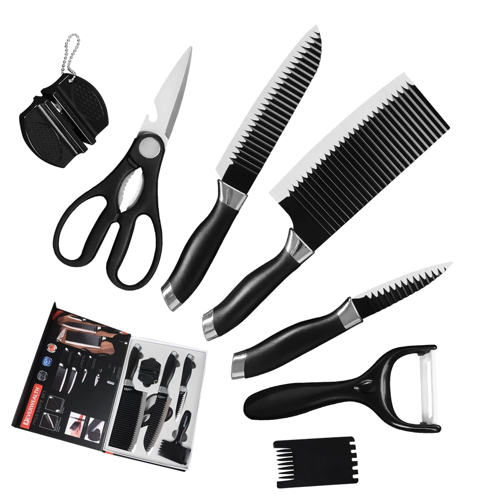 

Xingye factory drop ship non-stick blade scissors 7 piece stainless steel kitchen knife plastic handle gift box black knife set