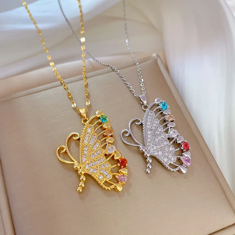 

Wholesale Colorful Crystal Diamond Butterfly Pendant Necklace Titanium Steel Chain Big Gold Butterfly Choker Necklace