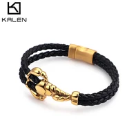 

KALEN 18k Gold Leather Wristband Bracelet Double Rope Bangle For Men