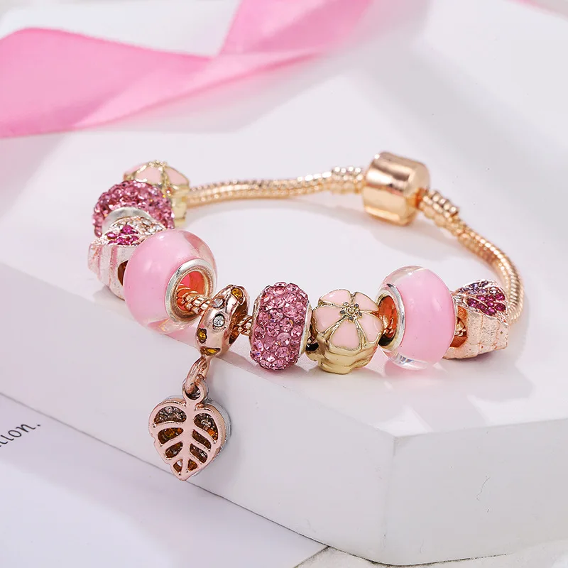 HOVANCI Luxury Women Jewelry Sweet Pink Glass Crystal Beads Flower Charm Bracelet Hollow Rhinestone Leaf Charm Bracelet