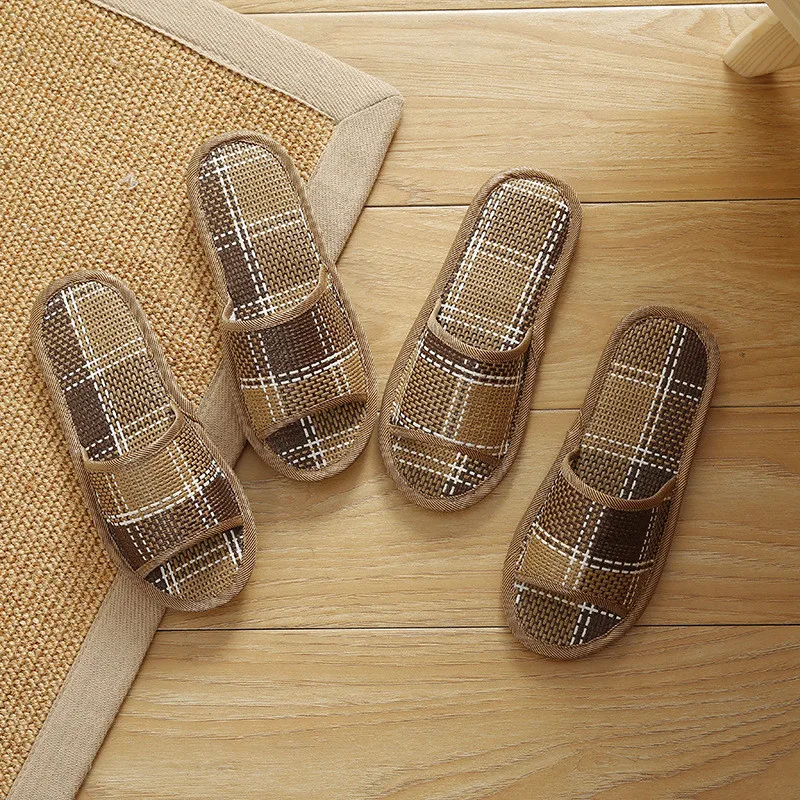 

Woman Lattice Straw Wicker Couple Home Wooden Floor Mat Summer Indoor Sandals Slippers, As the picture display