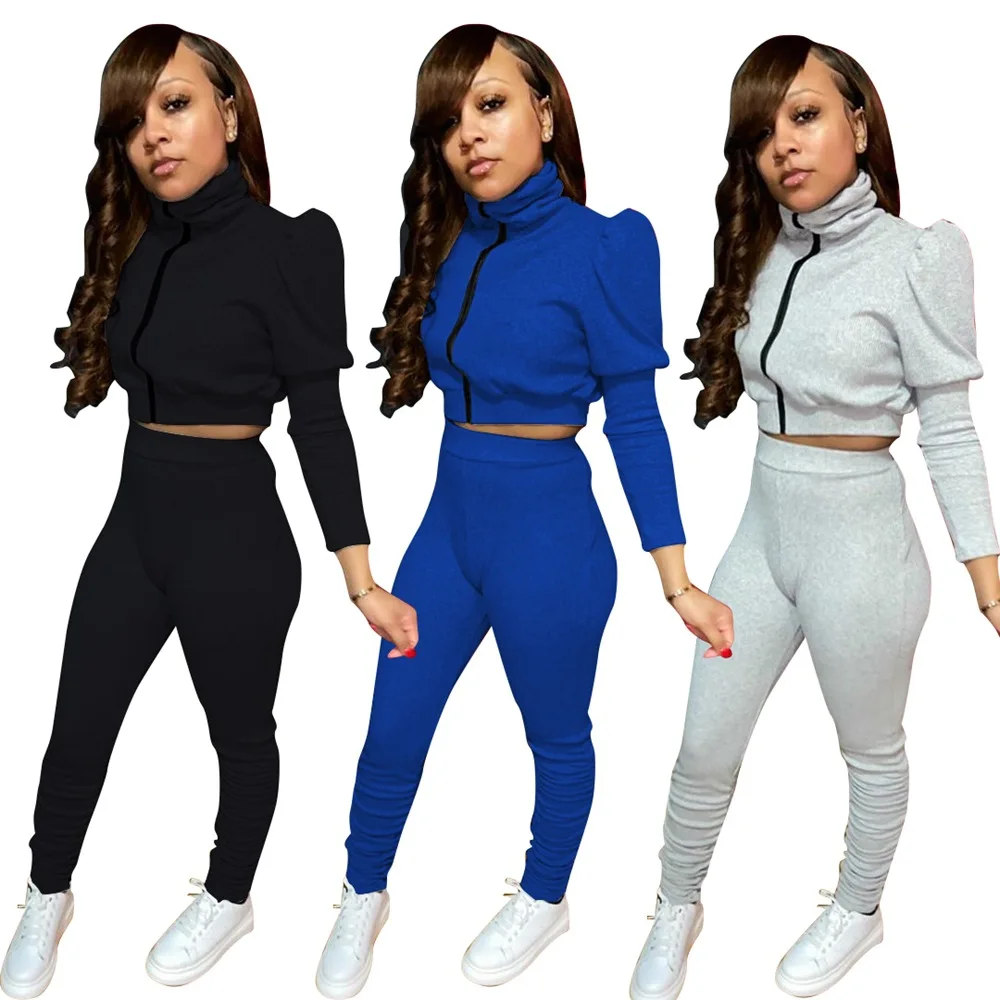 

B14799A 2020 Ready to ship pure color fashion lady high neck fashion pants set, As picture