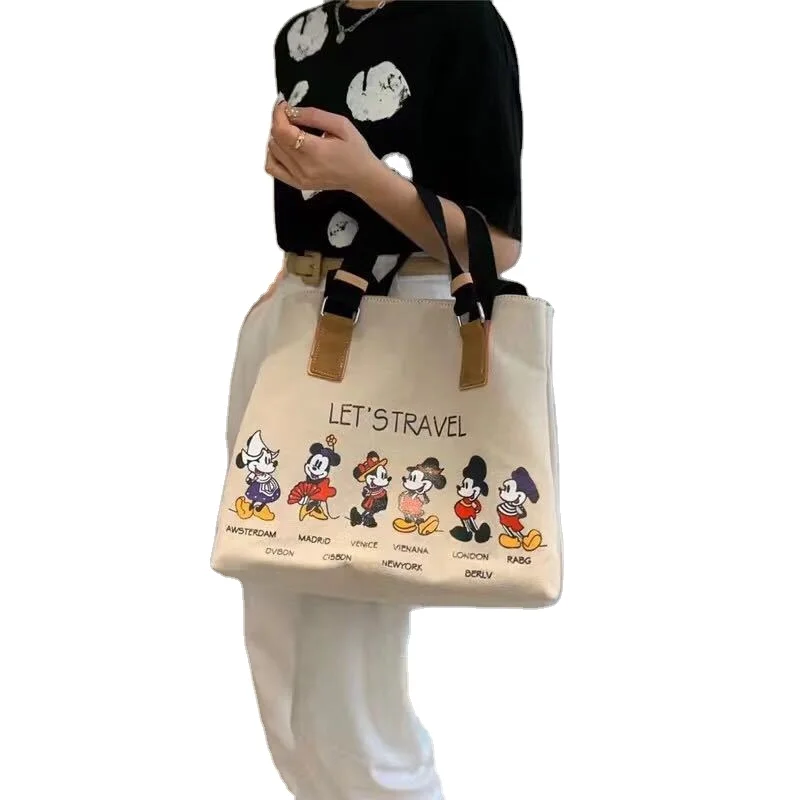 

Canvas Mickey mouse cartoon women hand bags art Korean big size print travel evening comestic tote bag mobile phone bag, Picture