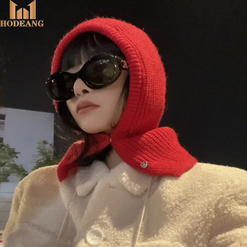 Fashion Winter Knit Button Cashmere Balaclava Wool Blend Solid Color Hooded Neck Warmer