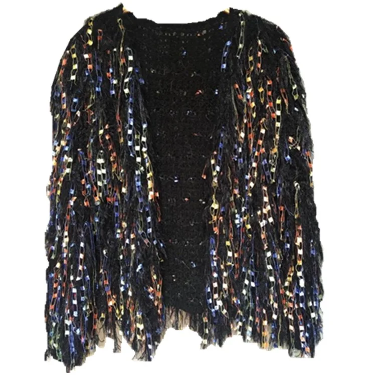 

fashion factory women tassel rainbow handmade sweaters lady sequined fur coat crystal fringed knit sweater cardigan for party