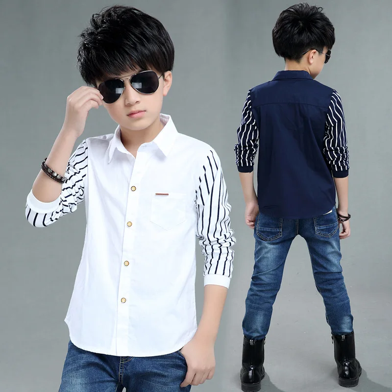 

Boys Blouses And Shirts Children's Stripe Top 2021 Spring Autumn Casual White Polo Shirts Teenager School Brand Outerwear Cotton
