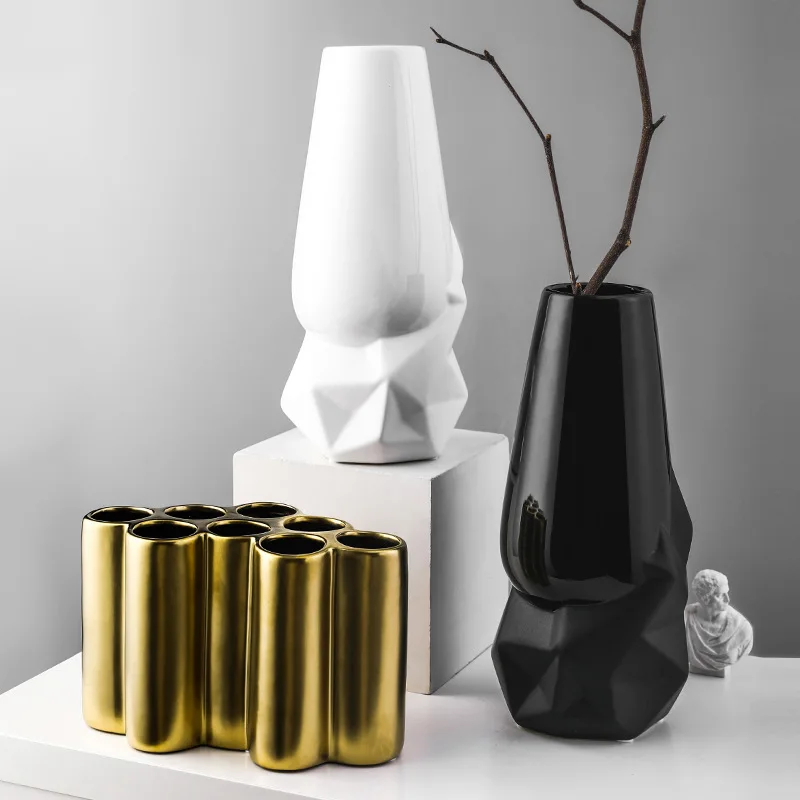 

Nordic jarrones decorativos Matte Black And Gold Ceramic Test Tube Vase Chinese Twisted Vase For Living Room Decor, White black gold