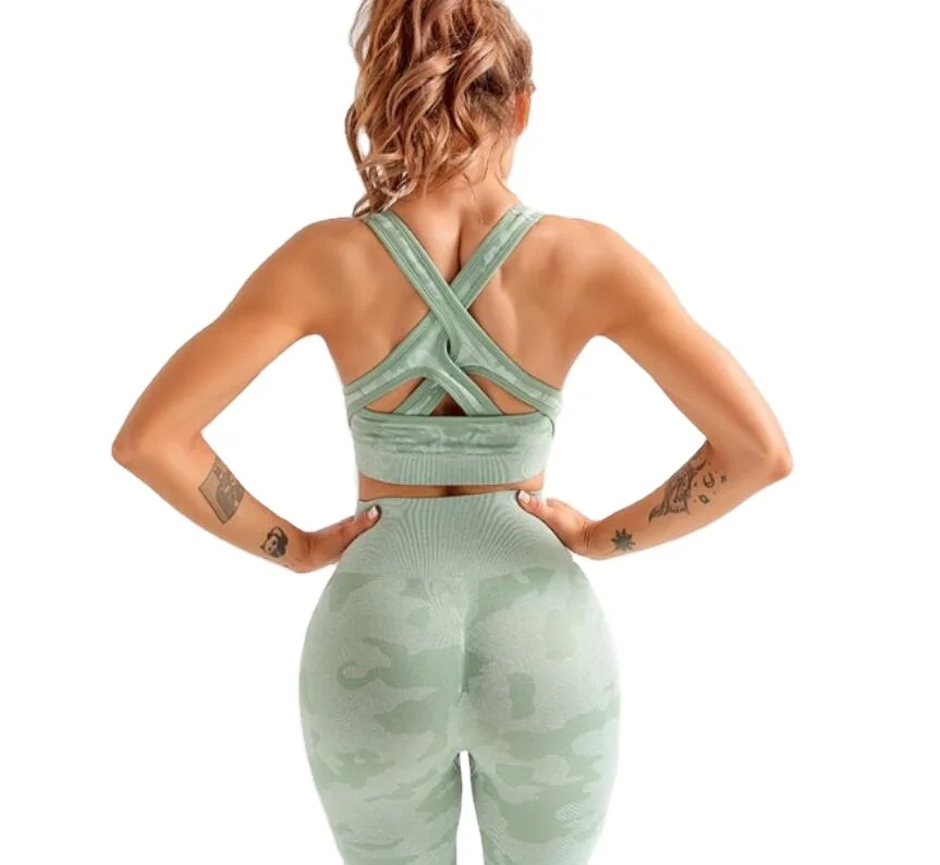 

2021 Newest Camo Yoga Set Seamless Workout Set Women Fitness Sportswear Cross Back Sports Bra And Legging Sets For Women, Black green purple