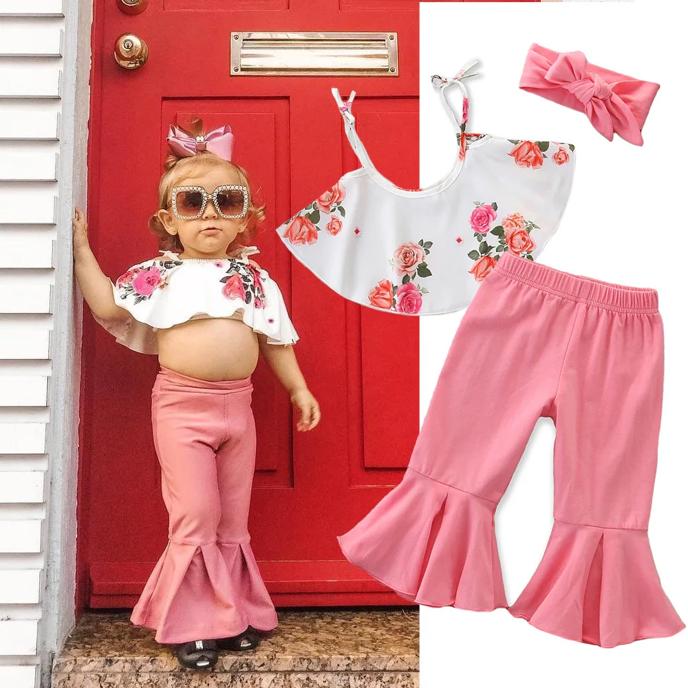 

lyc-0030 Summer Baby Kids Girl Off Shoulder Solid Color Ruffle Tank Top Long Flare Pants 3Pcs Outfits Clothes set, As picture shows