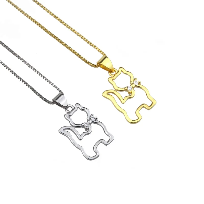 

New Design Brass Necklace White Cubic Zirconia Tie Kitten Pendant Cute Jewelry Necklace Gift For Girls, Gold color