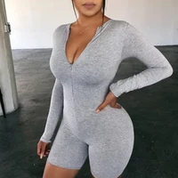 

Solid Leisure Solid Long Sleeve Zipper Up Rompers For Women