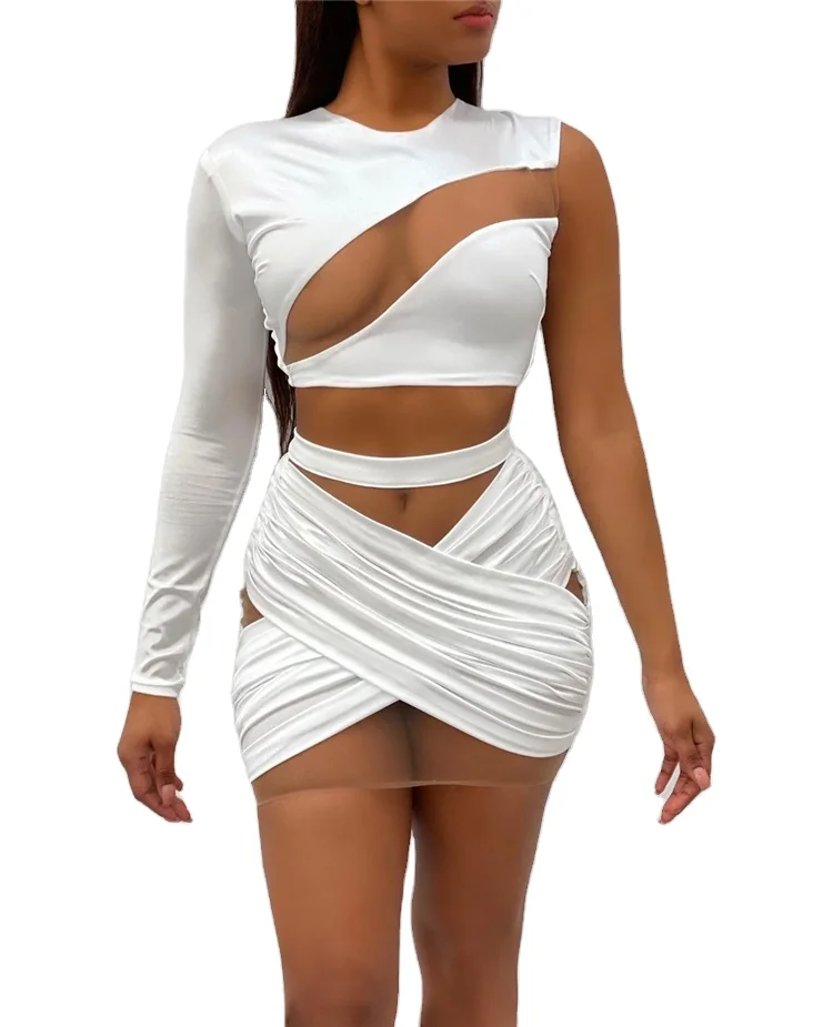 

2021 Wholesale new vetement femme women clothing plus size sexy spring knitted mesh fashion knit crop top two piece skirt set, Picture