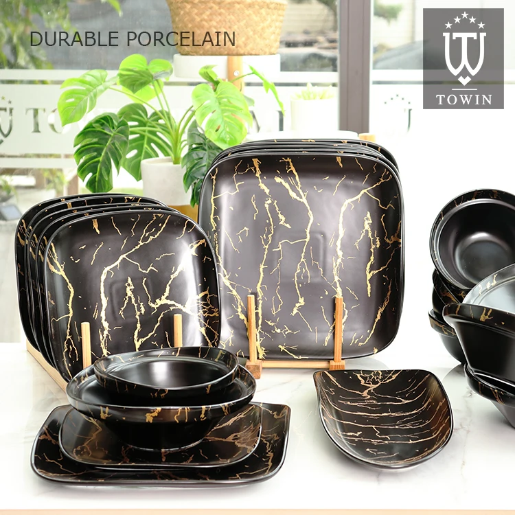 Wholesale luxury black glaze irregular porcelain marble dinner set for restaurant  .jpg