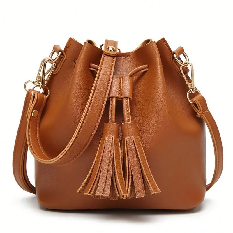 

Hot Ladies PU Leather Fashion Mini Bucket Bag Casual Shoulder Tote Handbag With Tassel