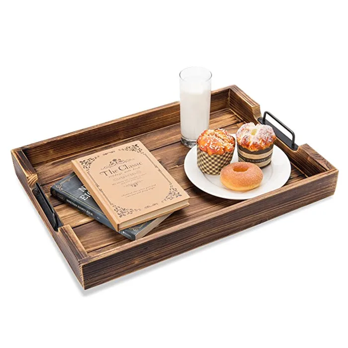 

Torched Rustic Wooden Serving Tray for Fruit Decoration With Modern Black Metal Handles, Natural wood colour