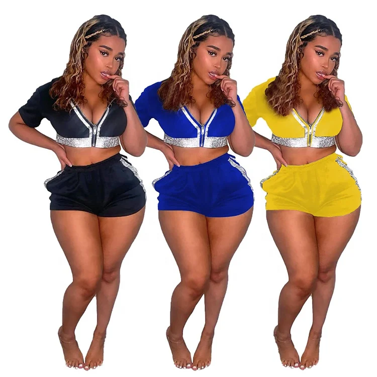 

Wholesale New Style Milk Silk Leisure Zipper Sequined Sports Two-Piece Jogger Shorts And Shirt Set