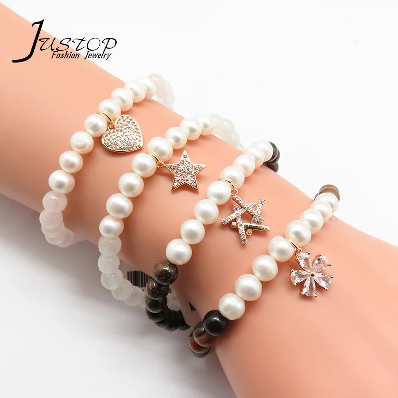 

New Accessories Custom Natural Stone Gemstone Beads Real Pearl Bracelets With Charms, Rhodium