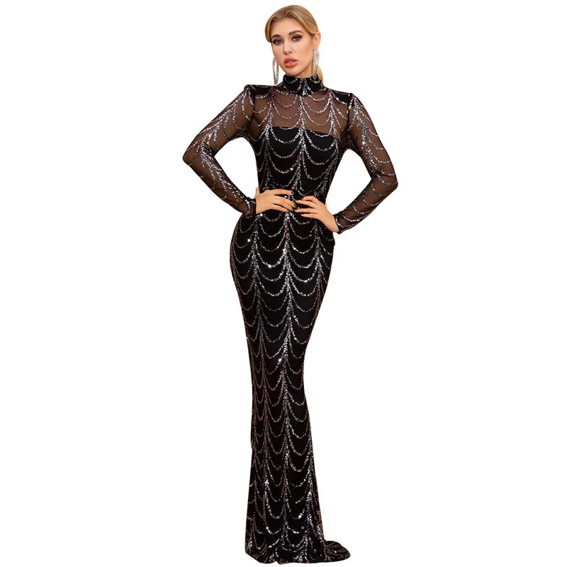 

In Stock Dropshipping Women Sequins Long Sleeve Mermaid Gowns Vestido De Festa Prom Evening Dress