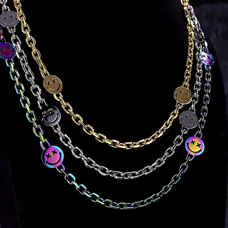 

KRKC 6mm Rainbow White 18K Gold Plated Smiley Stainless Steel Cable Chain Necklace