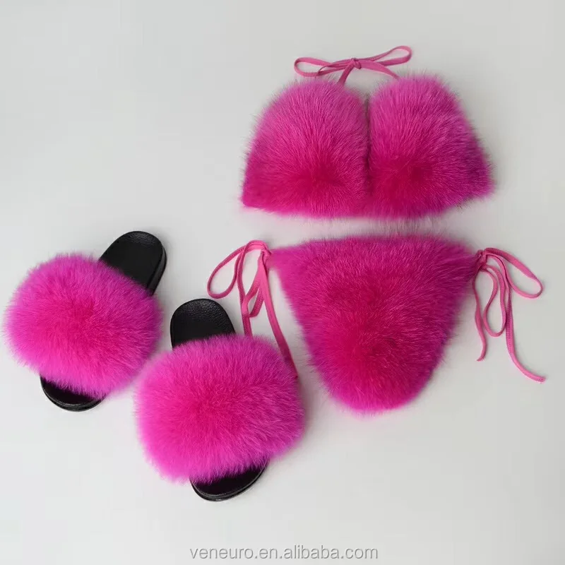 

Hot Sale Fluffy Women Fur Bra Ladies Summer Fashion Girl Real Fox Luxury Fur Thong Sexy Bikini, Colorful