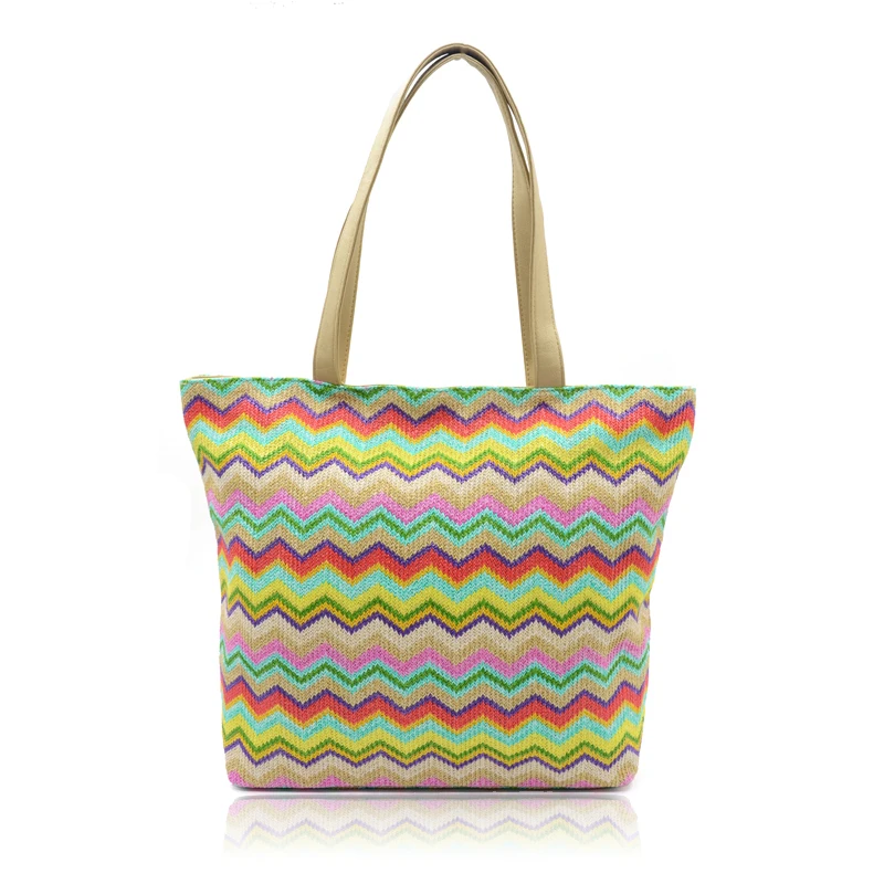 

Colorful Summer Beach Bag PP Weave Women Tote Handbag Fashion Wave Stripe Woven Female Shopping Shoulder Bag Knit, 3 colors