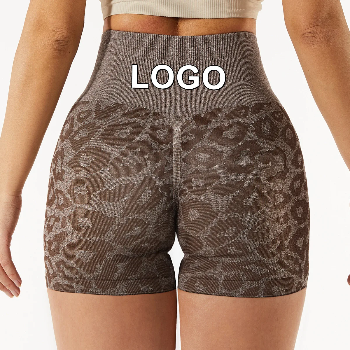

New women workout shorts leopard print custom logo active stretch scrunch gym yoga shorts