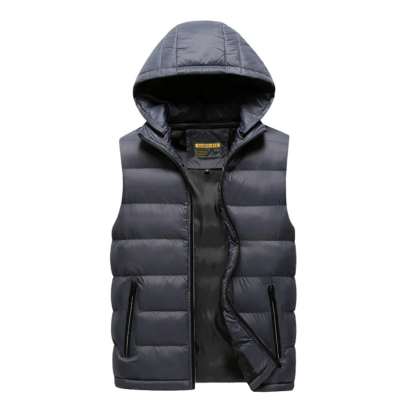 

Wholesale Men Winter Warm Sleeveless Puffe Vest Jackets Custom Logo Detach Hood Down Vest For Man, 3 colors