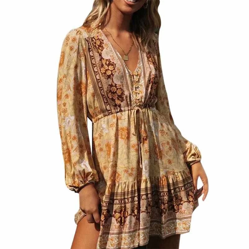 

Wholesale Women Vintage V-neck Floral Print Long Sleeve Tunic Mini Dress Women, Yellow