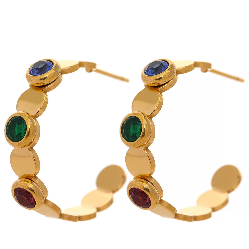 

JINYOU 075 Waterproof Charm Fashion Jewelry 18K Gold Plated Stainless Steel Green Colorful Cubic Zirconia Hoop Earrings Women