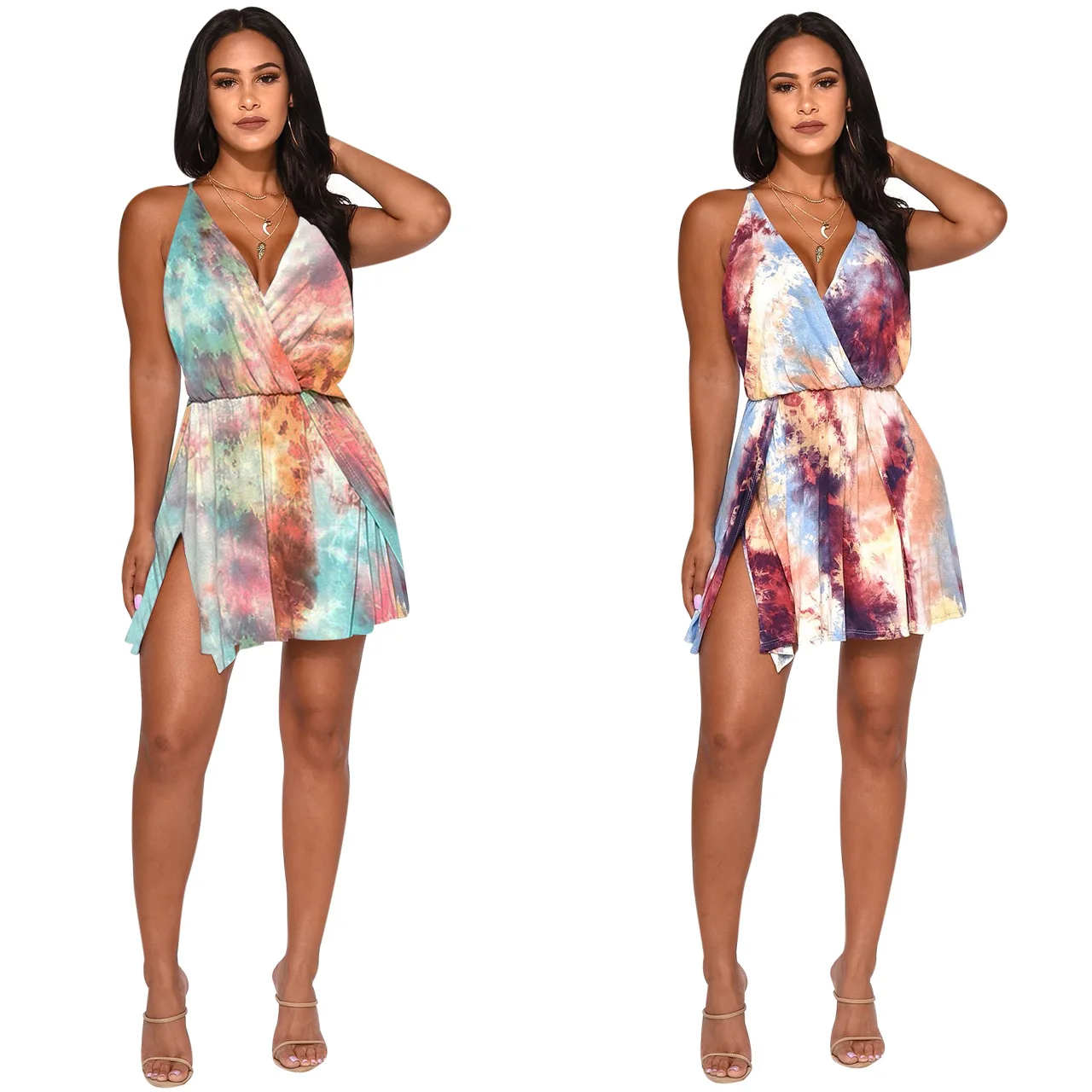 

B54585A Cross-border women dress fashion tie-dye print summer backless dress, Shown