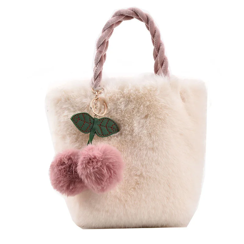 

Fashion Luxury Faux Fur Mini Bucket Handbag Niche Design Cute Plush Purse Cherry Plush Bag For Kids, Black,golden,pink,purple,blue,white