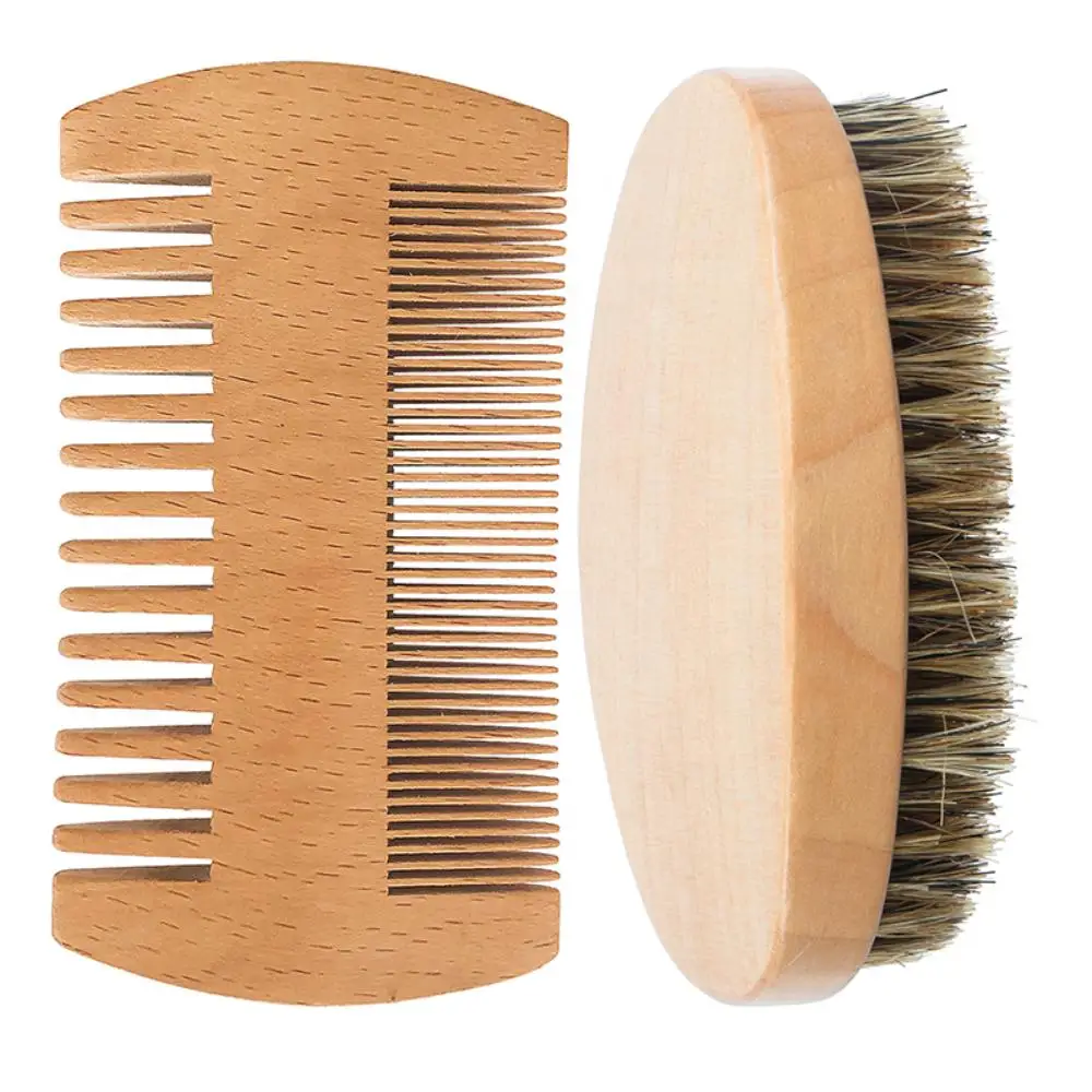 Amazon Hot Selling Custom Logo Eco-friendly Natural eard Comb And Boar Bristle Brush Set