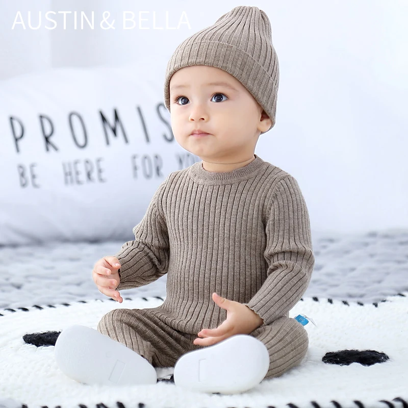 

Wholesale custom boutique baby clothes 3 piece set baby sweaters boy girl chunky crochet knit organic rib designs soft winter