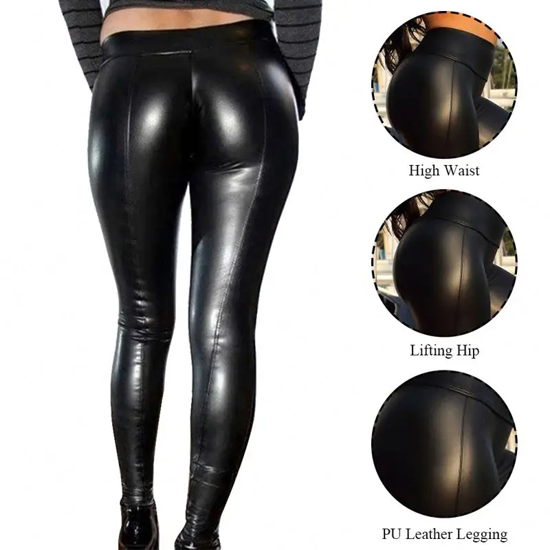 

Women'S Solid Color High Waist Long Leggings Chaparejos Leather Pants, Black