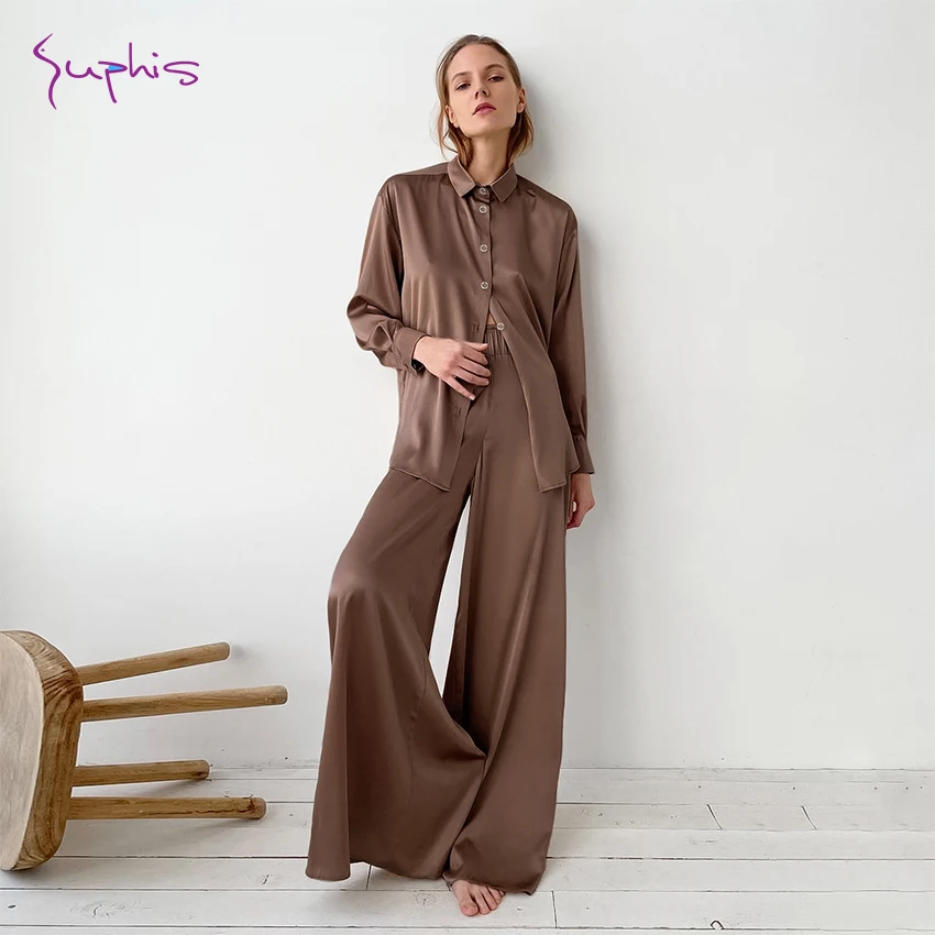 

SUPHIS Long Sleeve Turn Down Collar Tops Satin Sleepwear Sets Solid Loose Pants Casual 2022 Brown Pajamas Women 2 Piece Set