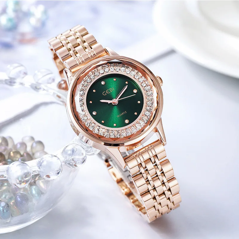 

Classic Green Watch Ladies Private Label Custom Stainless Steel Diamond Women Watches, Optional