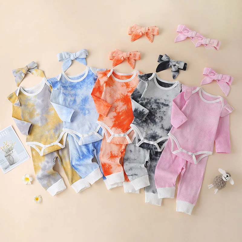 

9 Colors Baby Toddlers Tie Dye Clothing Sets Lovely Cotton Long Sleeve Romper + Pants + Headbands 3Pcs/Sets Infants Outfits M177