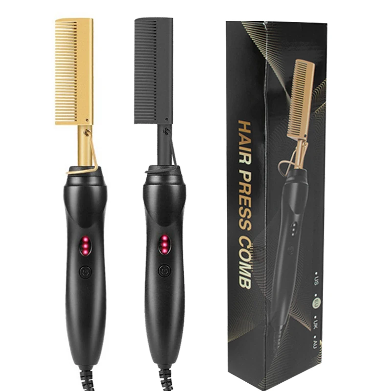 

Private Label 500 Degrees Flat iron Hotcombs Curlin Hair Straightener Pente Quente lisseur Hot Pressing Mini Electric Hot Comb, Gloden/black