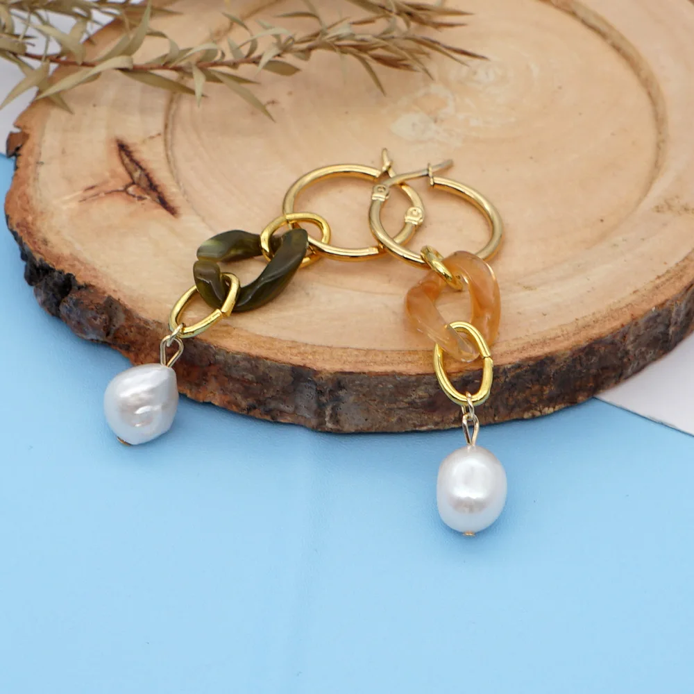 

Handmade stainless steel hoop with acrylic geometric irregular drop earrings , Hot selling freshwater pearl drop earrings, As the option