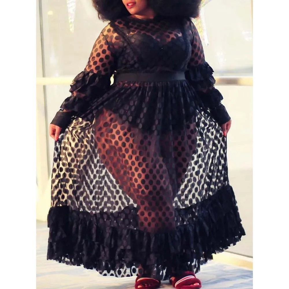 
FM TL004 Personality style long sleeve casual women mesh plus size dresses 4xl 5xl 6xl 7xl lace dresses  (62356421569)