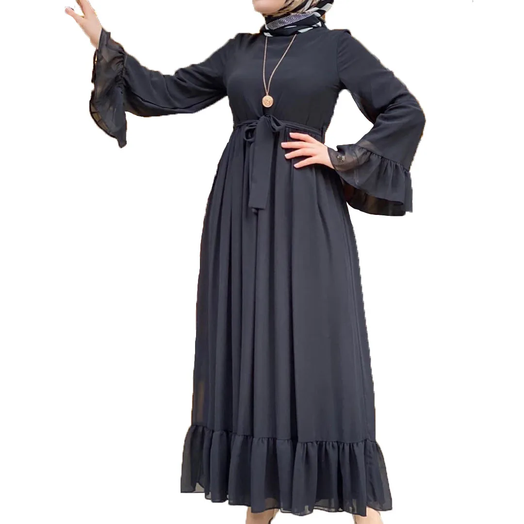 

High End Casual Women Exquisite Muslim Dress Ankle-Length Pleated Ruffle Abayas Flared Sleeve Chiffon Abaya, Customers' requirements