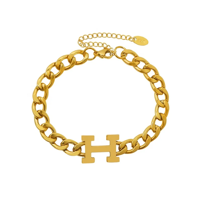 

Thick Chain Letter H Bracelet Lovers Jewelry Gold Titanium Steel 18K Trendy Chain & Link Bracelets, Customized color