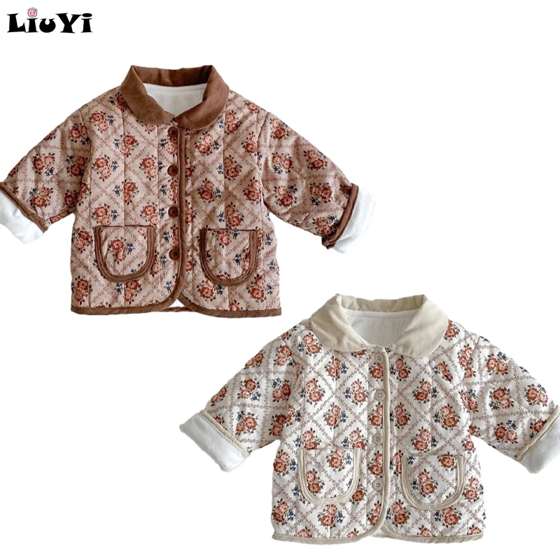 

Winter Chinese style warm new baby clothes jacket thickened long-sleeved pocket floral jacket lapel cardigan baby coat jacket, Picture