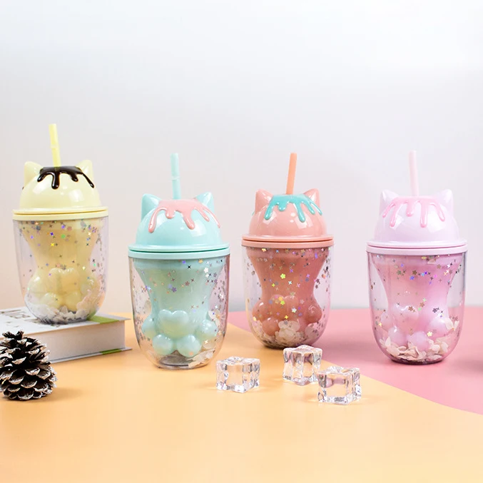 

Seaygift glitter double wall cute cat paw plastic straw mugs cat claw travel cold coffee tumbler cups with lids and straws, Black/pink/blue