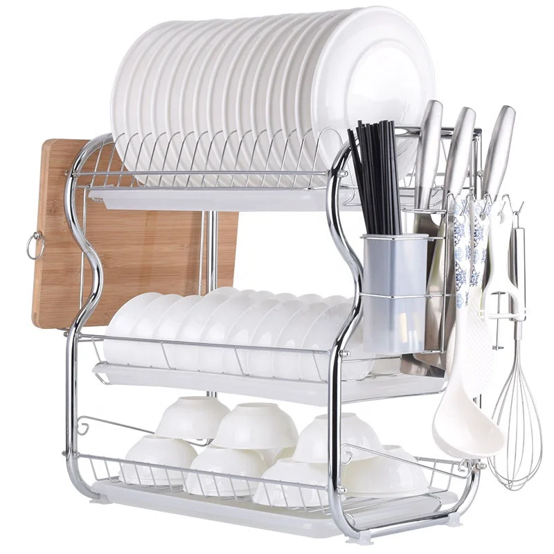 

Biumart Freestanding Kitchen Set 3 Tiers B Shape Organizer Rack Bowl Knife Dish Drying Rack