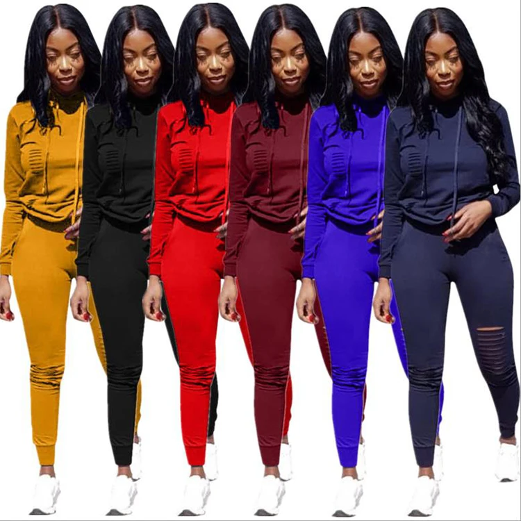 

Wholesale High Quality 2pcs Women'S Custom Plain Logo Pullover Hoodies Hole Sweatshirts Jumper Sets For Women, Can do as your require