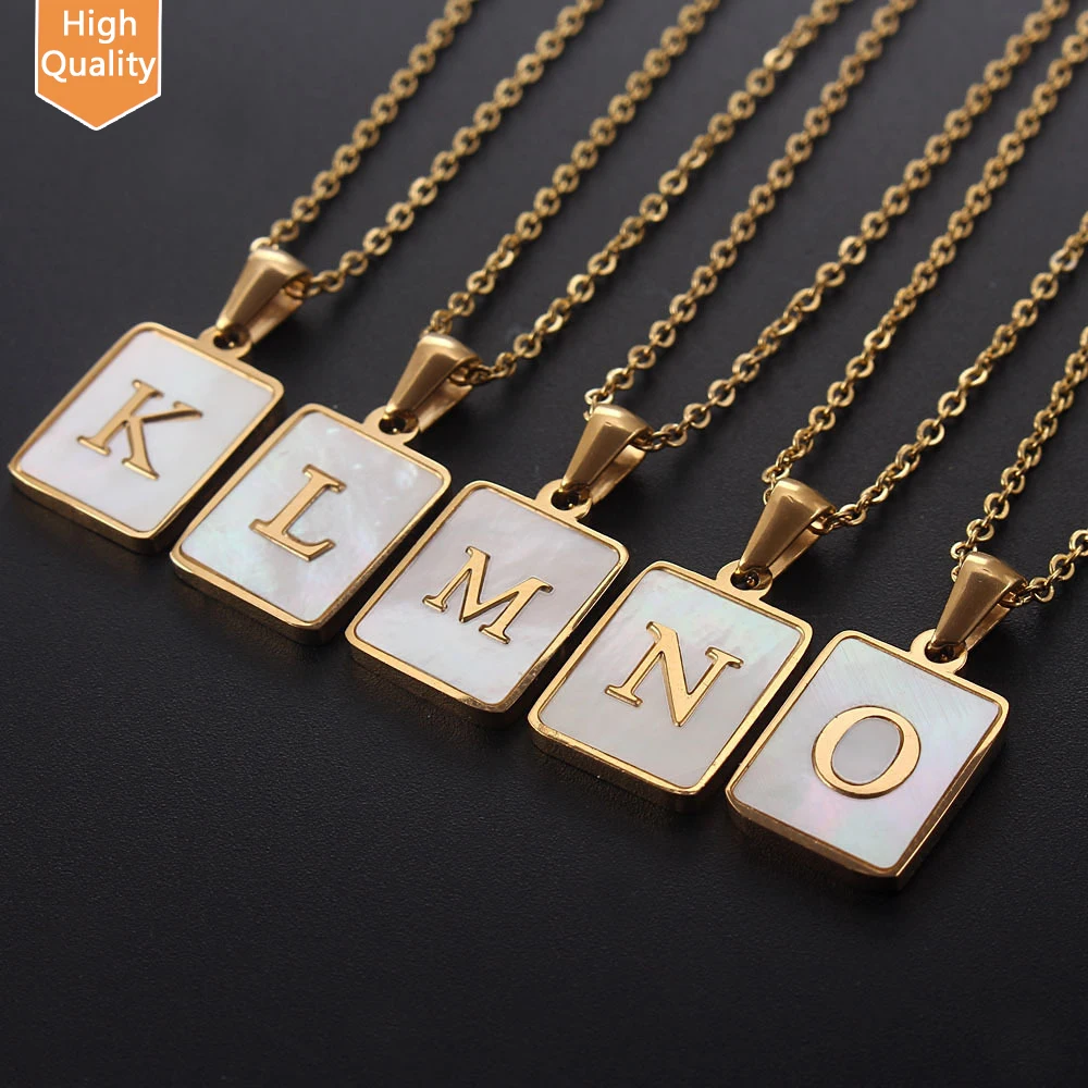 

fashion 18k Gold Stainless Steel jewelry Letter A-z Initial Necklace For Women White Rectangle Shell Alphabet Pendant Necklace