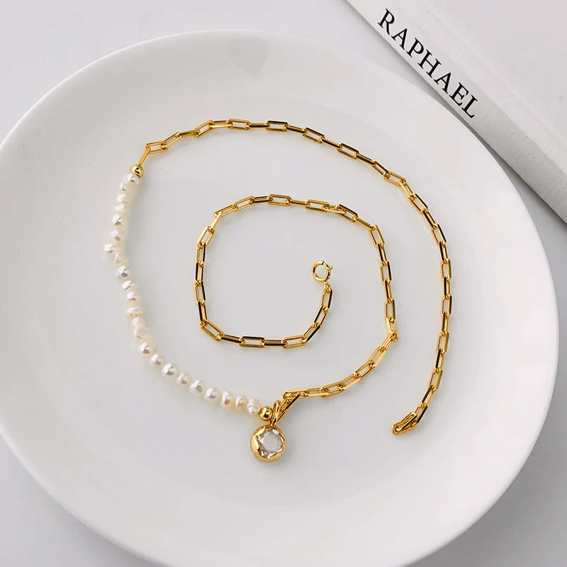 

2020 Fashion Gold Paper Clip Link Chain Necklace Adjustable Zircon Charm 925 Silver Natural Pearl Necklace Women