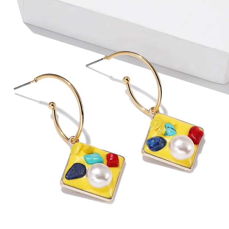 

Fashion Women Jewelry Oil Drip Turquoise Square Earrings Geometric Square Pearl Earrings For Women Party