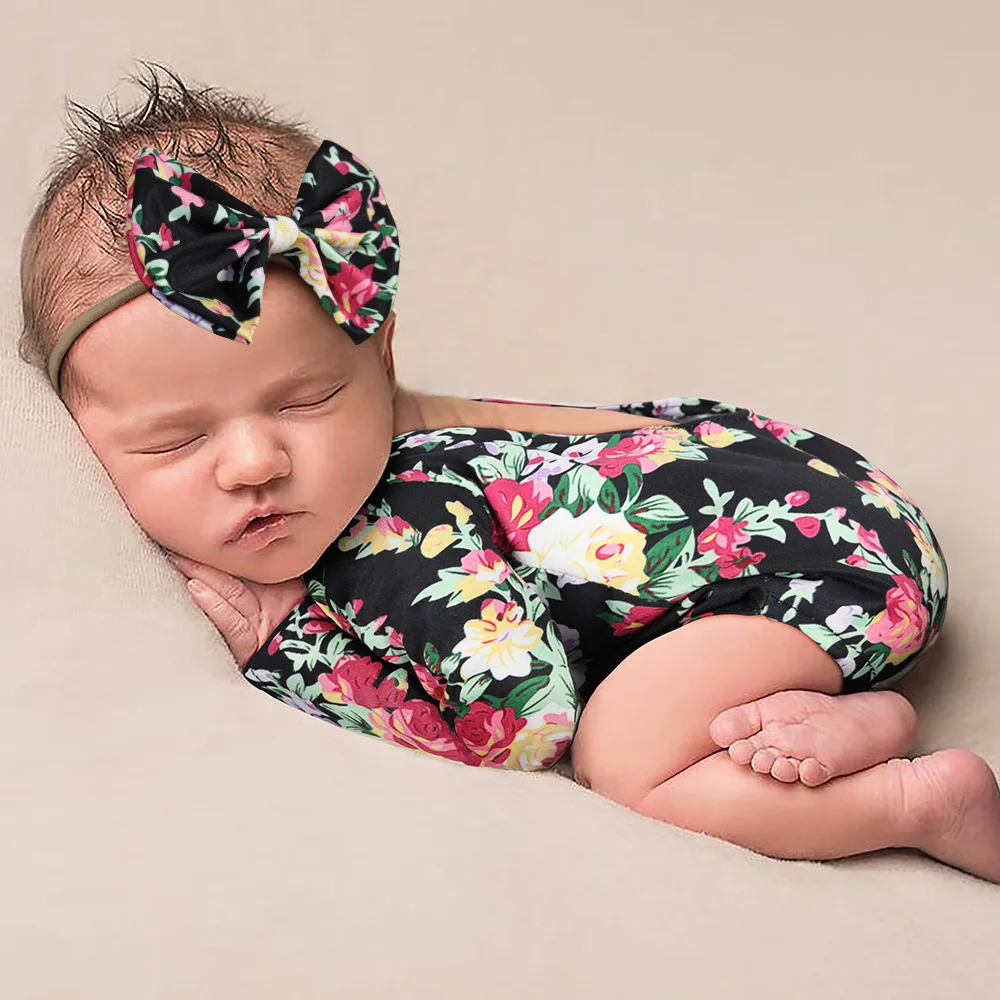 

Hot Selling Baby's Costume 2PCS Per Set One Flower Pattern Jumpsuit Plus One Head Decor Set For Photography